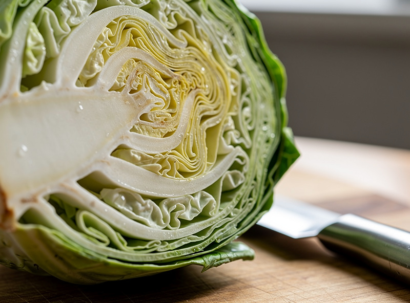 Dense green storage cabbage cut open showing tightly packed inner leaves and thick cell walls