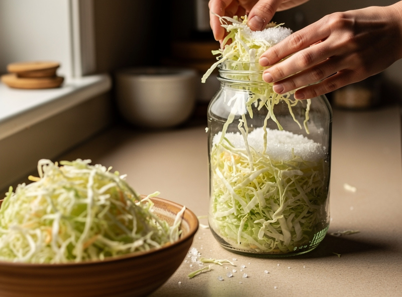 Shredded fresh cabbage being packed into a glass jar with sea salt for sauerkraut fermentation