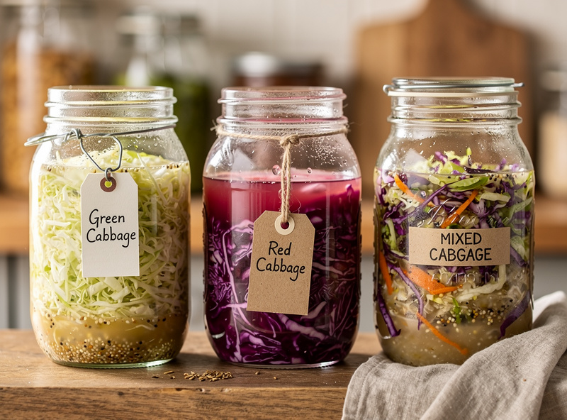 Three glass jars of fermenting sauerkraut from different cabbage varieties on a wooden shelf