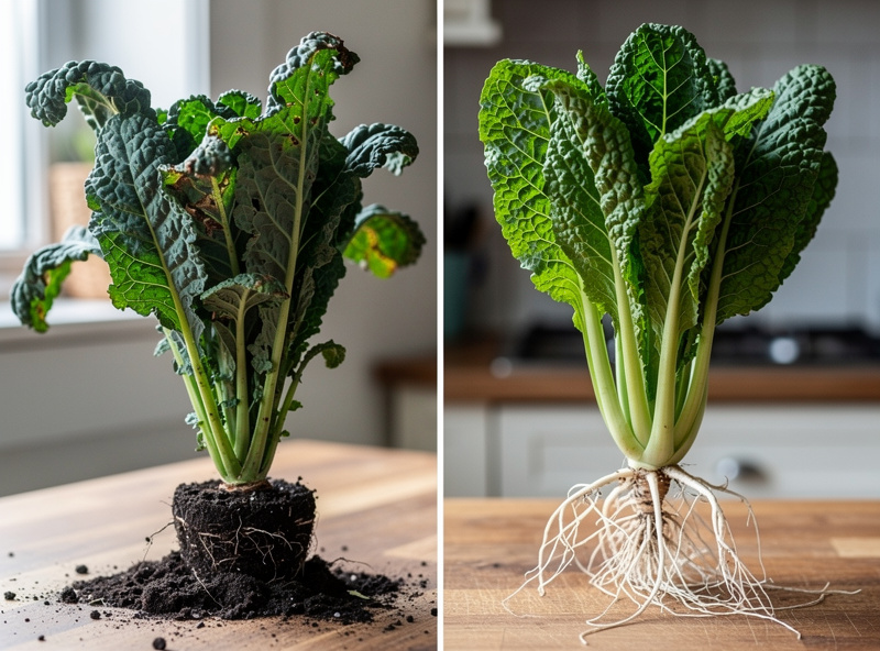 Side-by-side comparison of soil-grown kale and hydroponic kale on a wooden counter