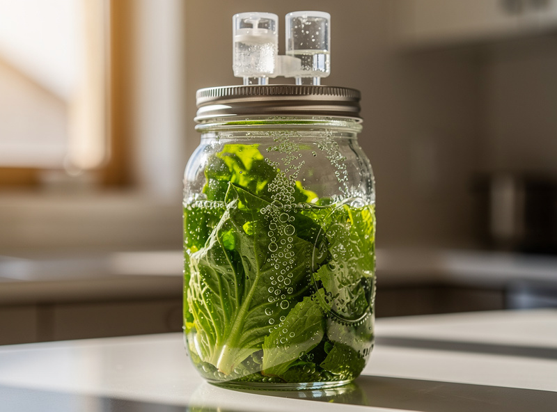 Mason jar with hydroponic lettuce in brine showing fermentation bubbles with airlock lid