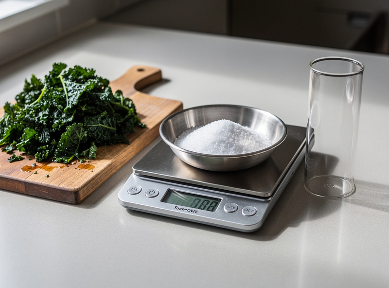 Kitchen scale measuring salt with chopped fermented kale and glass weight