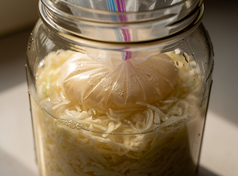 Macro close-up of a ziplock bag filled with brine being used as a fermentation weight inside a glass jar of sauerkraut with the bag conforming perfectly to the jar's interior shape
