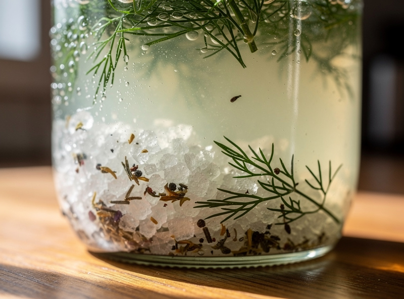 Macro close-up of dissolved sea salt and fresh dill spices in cloudy fermentation brine