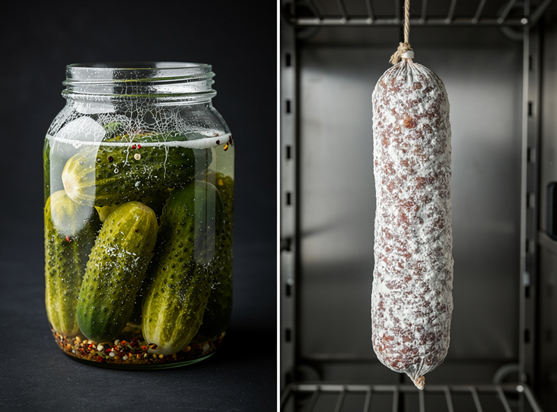 Side by side comparison of bubbling fermented pickles next to a hanging cured salami in a curing chamber