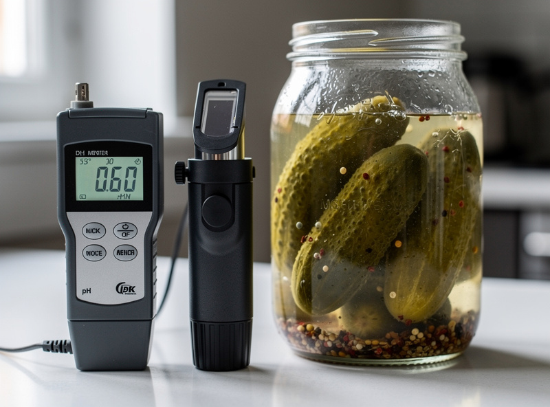 Digital pH meter and salinity refractometer beside a jar of fermenting pickles