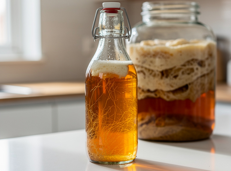 Home brewed kombucha with SCOBY and fermentation vessel