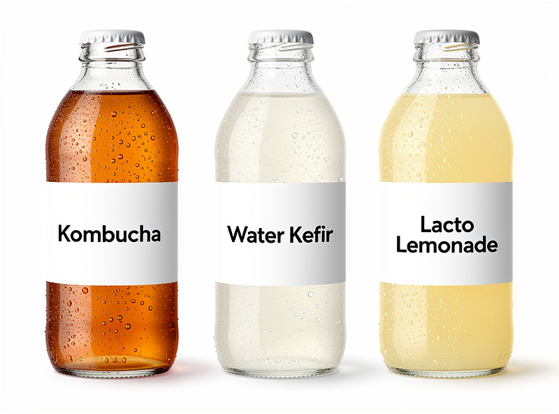 Three fermented recovery drinks kombucha water kefir and lacto lemonade comparison