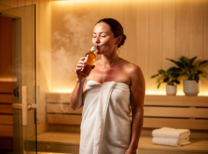 Person drinking kombucha after sauna session for post-heat recovery