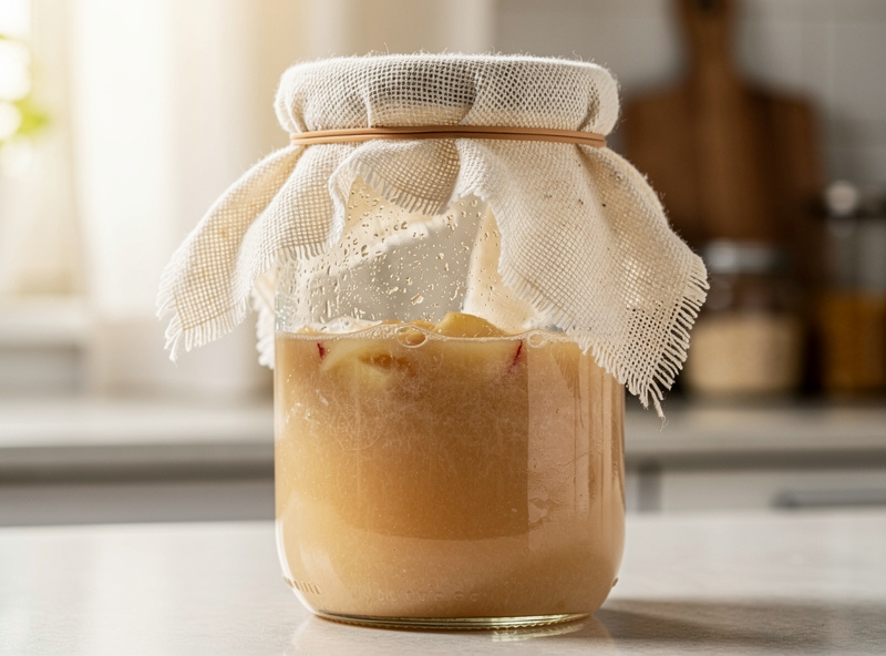 Glass jar of fermenting apple liquid covered with cheesecloth secured by a rubber band on a kitchen counter