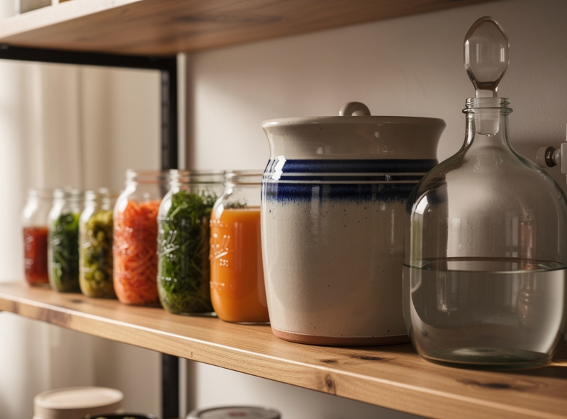 Home fermentation vessels arranged on a wooden shelf — multiple mason jars, a Polish ceramic crock with water moat, and a large glass demijohn for vinegar