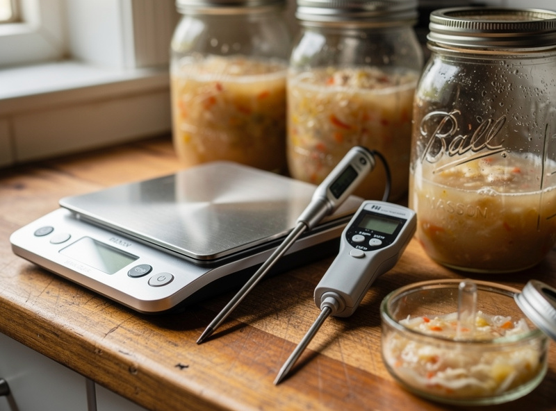 A digital food scale, brewing thermometer, pH meter, and hydrometer arranged on a kitchen counter alongside fermentation vessels