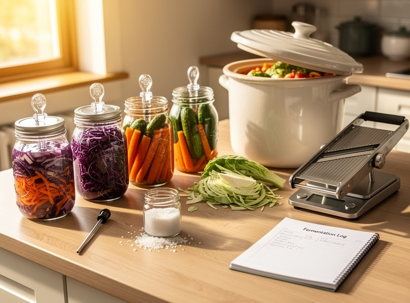 A kitchen counter with the complete fermentation lab kit — mason jars, ceramic crock, mandoline, kitchen scale, thermometer, airlock lids, and various measuring tools