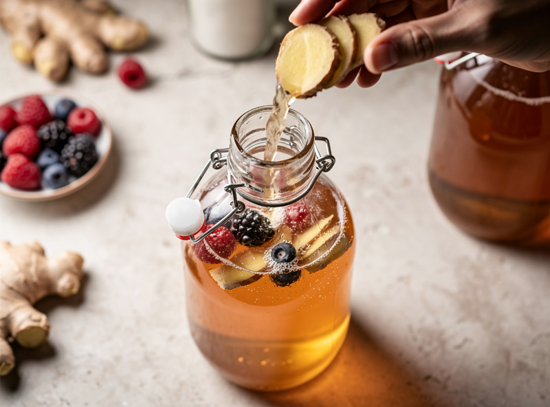 Hand pouring sliced ginger and fresh berries into a swing-top bottle of kombucha for second fermentation