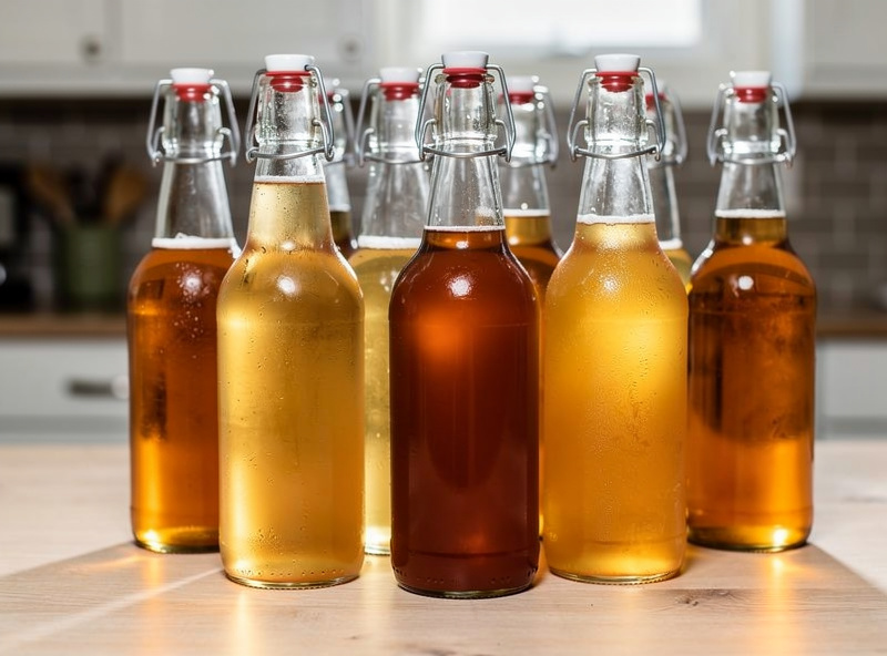 Row of swing-top kombucha bottles sitting on a kitchen counter at room temperature with slight condensation visible