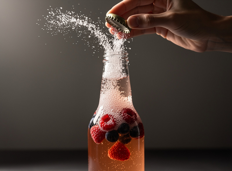 Hand opening a kombucha bottle with a satisfying release of carbonation and fresh berries visible inside