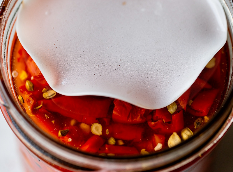 Macro close-up of safe thin white kahm yeast film on the surface of red fermenting pepper mash