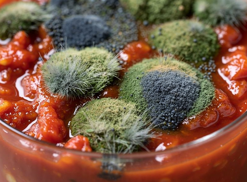 Macro of fuzzy green and dark blue mold patches growing on red pepper mash exposed above the brine in a hot sauce ferment