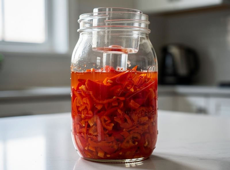 Mason jar of bright red fermented hot sauce mash with proper glass fermentation weight pressing peppers below the brine