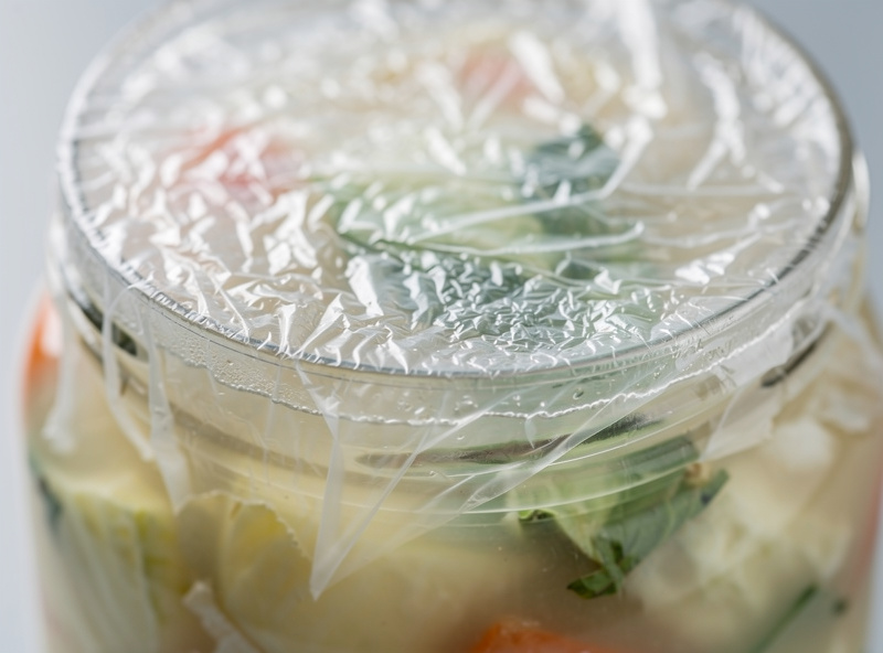 Extreme macro of a thin transparent kahm yeast film on the brine surface of fermenting vegetables with slight wrinkles