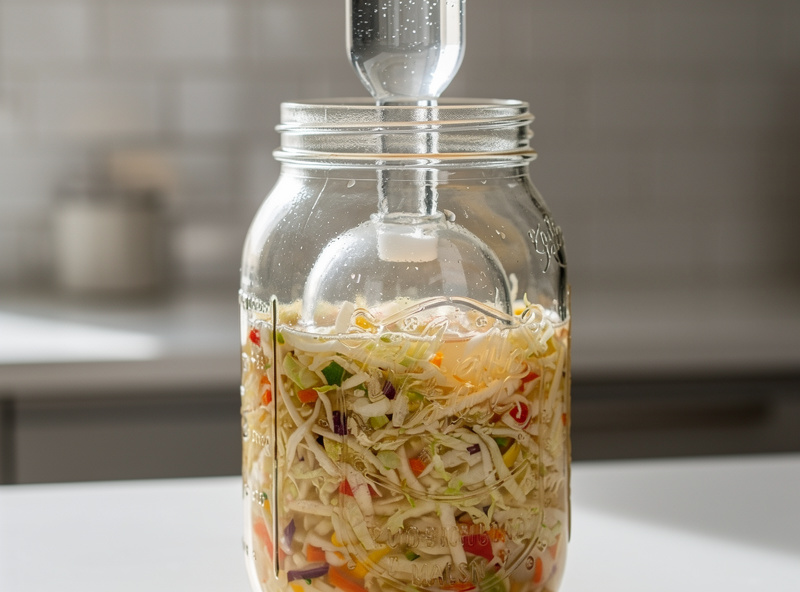 Glass mason jar with a fermentation airlock lid sealing properly with vegetables submerged below brine and glass weight