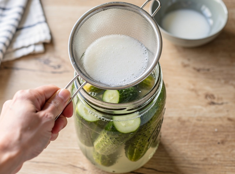 Hand using a clean fine-mesh strainer to skim a thin white kahm yeast film off the surface of fermenting cucumber pickles