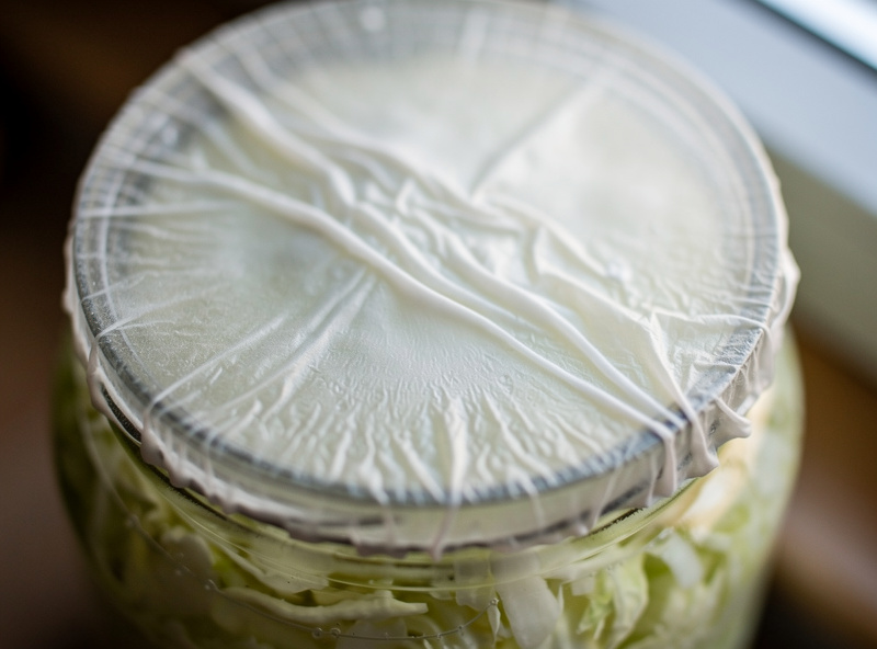 Macro top-down close-up of a thin white kahm yeast film on the brine surface of a sauerkraut jar with smooth flat appearance
