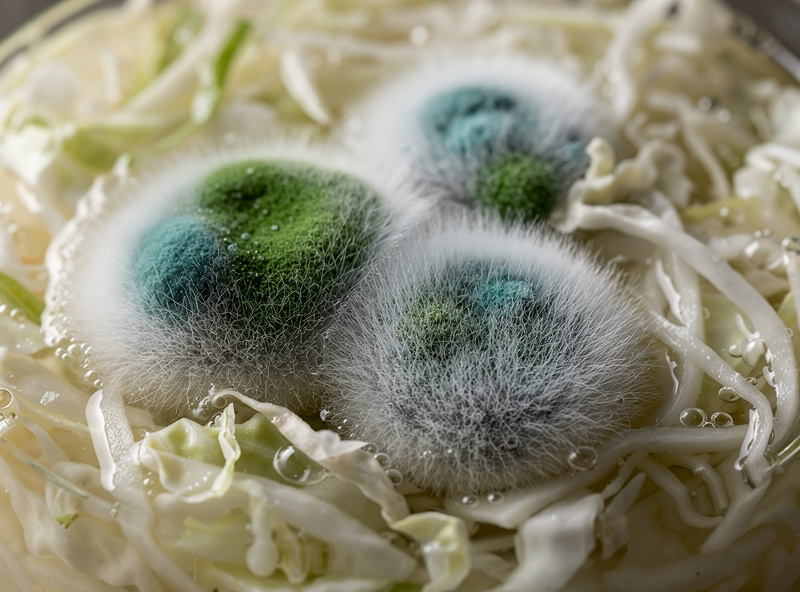 Macro close-up of fuzzy 3-dimensional mold with green-blue spots and raised colonies clearly different from a flat kahm film