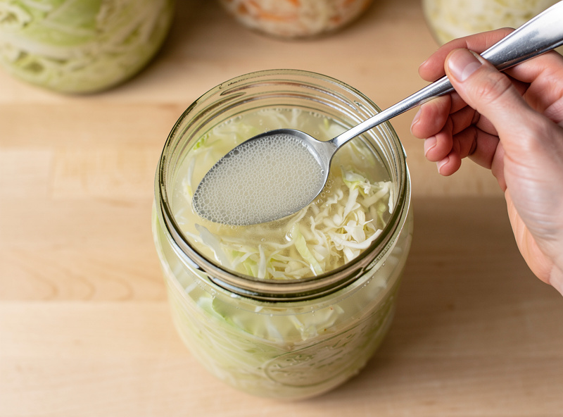 Hand using a clean spoon to skim a thin white kahm yeast film off the brine surface of a sauerkraut jar