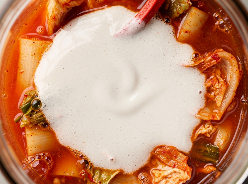 Macro of safe thin white film on the brine of fermenting kimchi with smooth flat texture above vibrant red kimchi