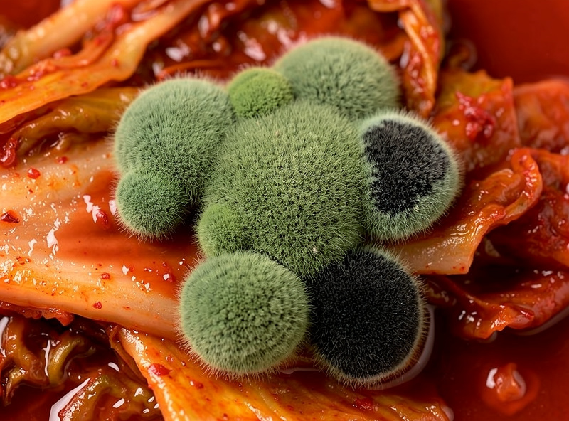 Macro close-up of fuzzy 3D green and black mold patches growing on kimchi exposed above the brine surface