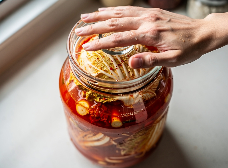 Hand pressing a glass fermentation weight on top of kimchi cabbage to keep it submerged below the red brine