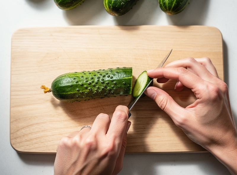Hands trimming the blossom end off a fresh Kirby cucumber with a small paring knife on a wood cutting board
