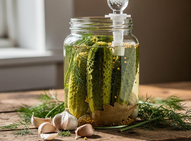Glass jar of lacto-fermented pickles with whole Kirby cucumbers, garlic, fresh dill, oak leaf, mustard seeds in clear brine