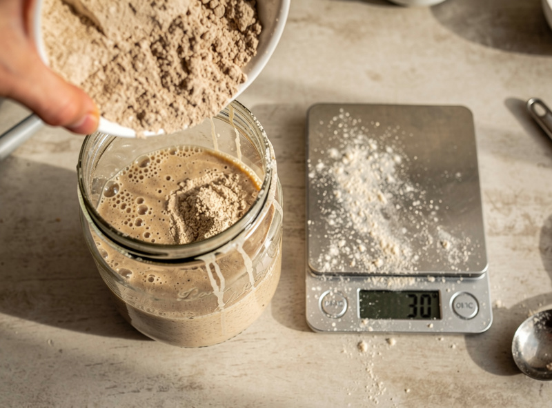 Hand pouring fresh whole wheat or rye flour into a struggling sourdough starter to revive it with kitchen scale visible