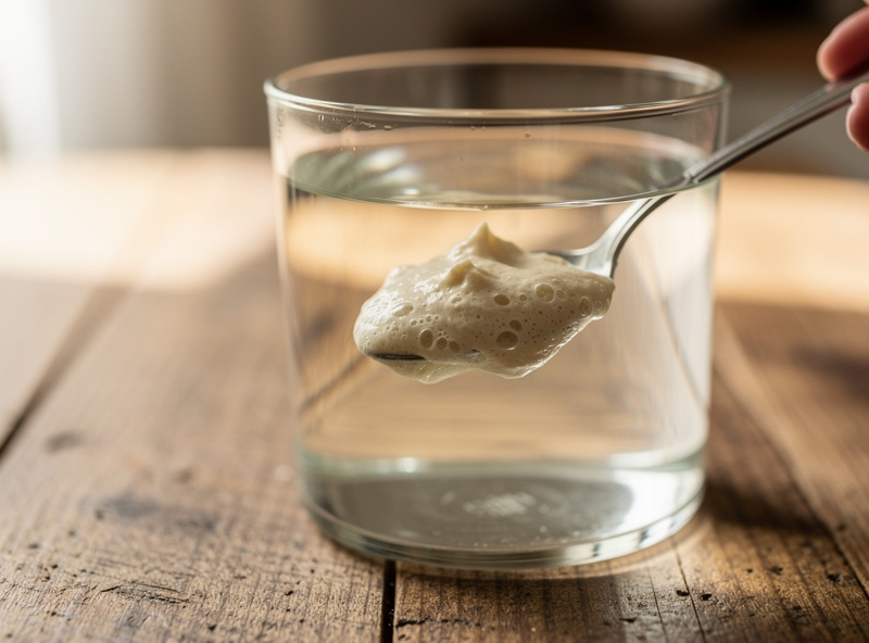 Float test of a teaspoon of sourdough starter floating on the surface of a glass of water indicating active starter