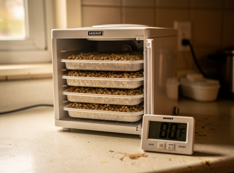 Home incubation setup with dehydrator chamber holding plastic trays of tempeh with thermometer reading 88 degrees Fahrenheit on kitchen counter