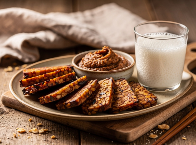 Plate of finished sliced fried tempeh and fermented miso paste in bowl beside glass of amazake on wooden cutting board lifestyle food photography
