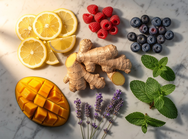 Top-down view of an array of fruit and herb flavoring ingredients laid out for kombucha brewing — fresh ginger root, sliced lemon, raspberries, blueberries, mint leaves, peeled mango chunks, lavender flowers