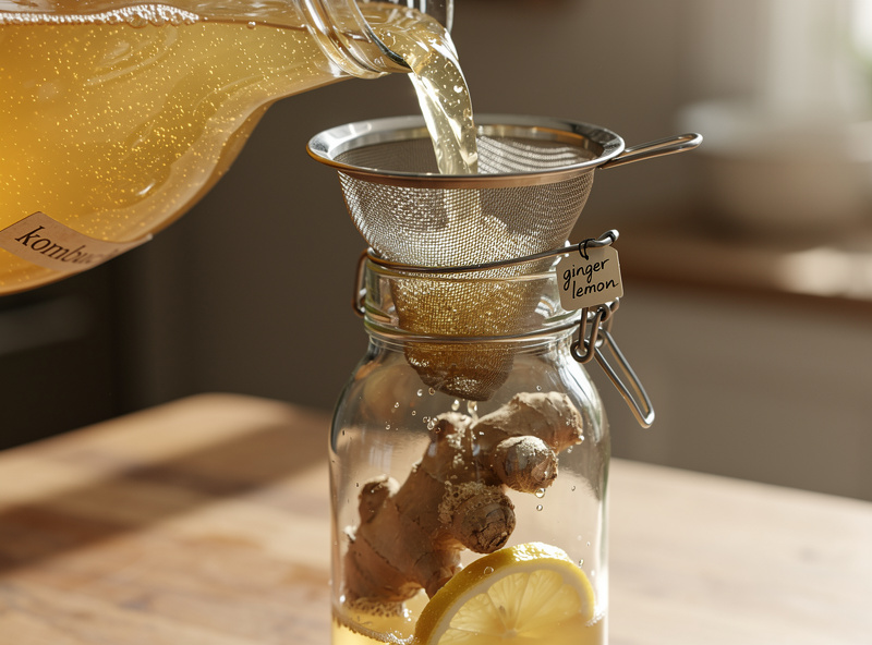 Macro action photograph of kombucha being poured from a fermentation jar through a fine mesh strainer into a swing-top glass bottle with chunks of ginger and a lemon slice already inside