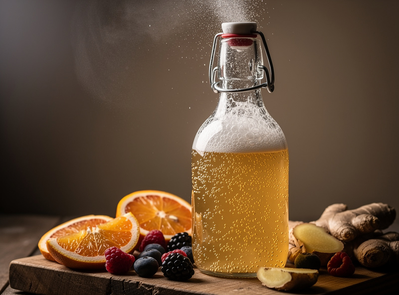 Close-up photograph of a swing-top kombucha bottle being opened with carbonation bubbles bursting up, the kombucha visibly fizzy with active foaming and fresh fruit garnish nearby