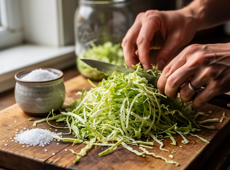 Hands shredding fresh green cabbage on a wooden cutting board for sauerkraut