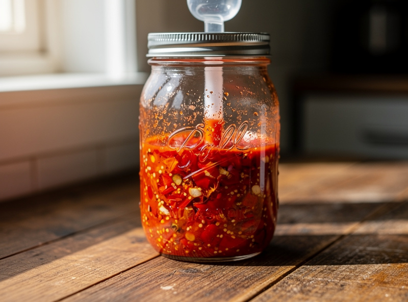 Glass mason jar full of bright red fermenting hot sauce mash with chiles and garlic