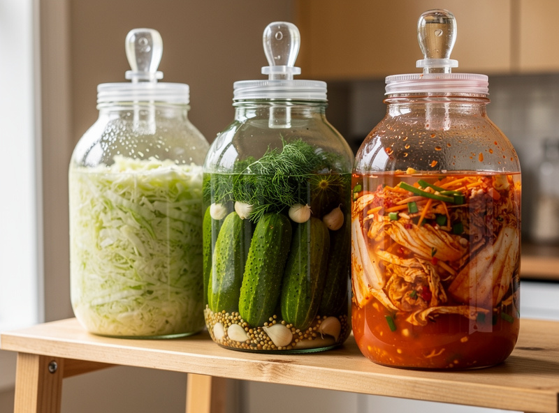 Three glass fermentation jars on a kitchen shelf with sauerkraut, pickles, and kimchi