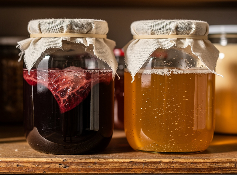 Two glass vinegar crocks on a wooden pantry shelf, one with a visible gelatinous mother of vinegar pellicle floating on the liquid surface, breathable cloth covers held with rubber bands