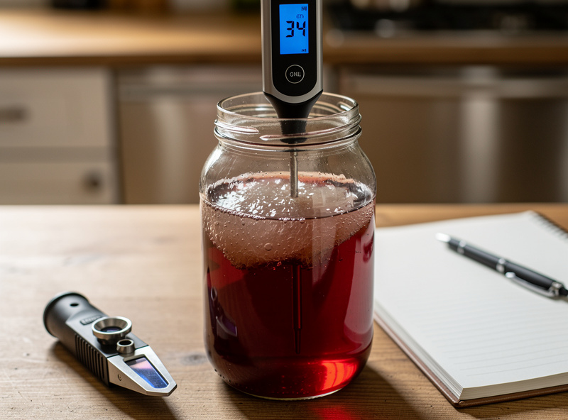 A digital pH meter probe in a clear wide-mouth jar of finished red wine vinegar reading 3.4, a vinegar mother visible in the jar above the liquid, on a wooden countertop beside a refractometer and a small notebook