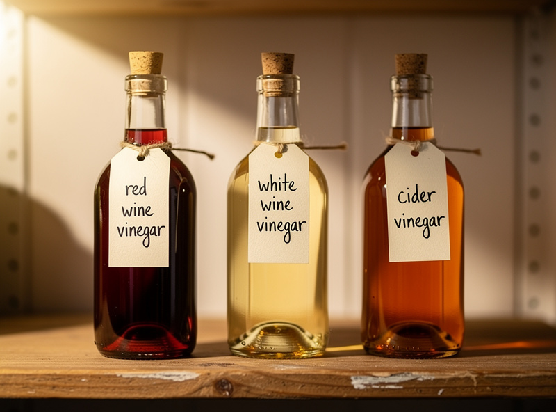 Three wine bottles labeled with handwritten paper tags reading red wine vinegar, white wine vinegar, and cider vinegar, sealed with cork stoppers, sitting on a wooden pantry shelf