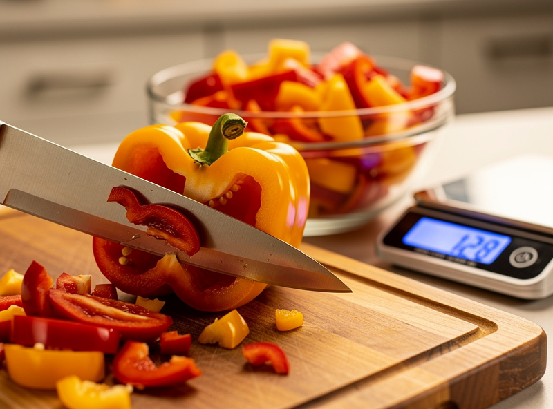 Fresh ripe red and yellow peppers being chopped on a wooden cutting board with a chef knife, beside a digital food scale and a glass bowl ready for salting