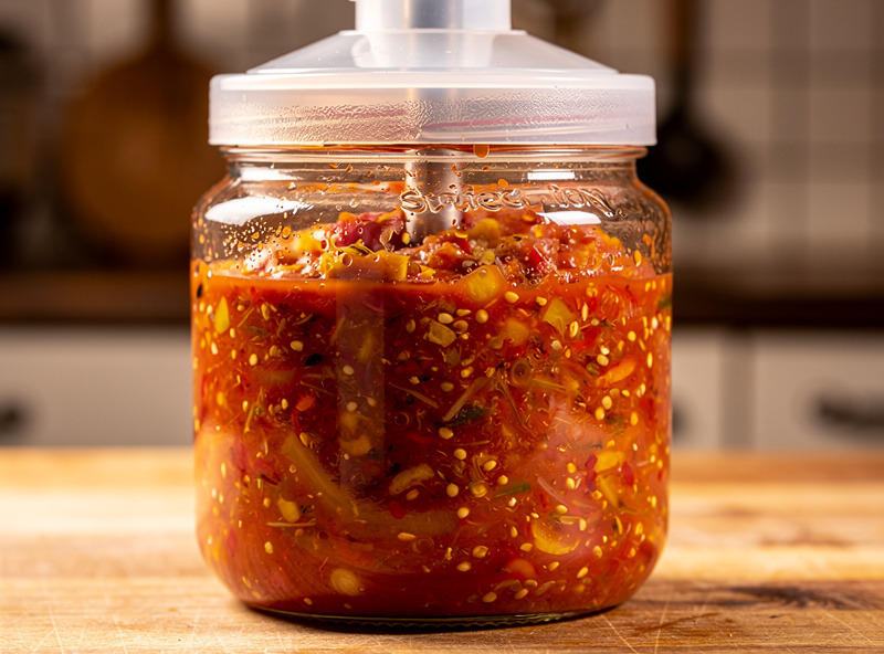 A wide-mouth glass jar of fermenting hot sauce mash with chunky red and yellow pepper paste visible through the glass, sealed with a silicone airlock lid, on a kitchen counter