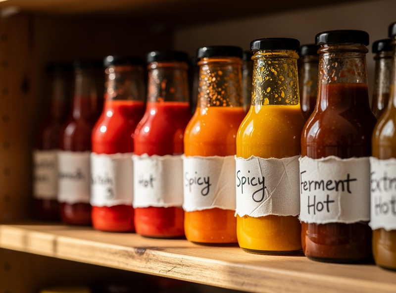 A row of finished homemade fermented hot sauce bottles in different colours — red, yellow, orange, and brown — neatly labelled on a pantry shelf with handwritten paper tags